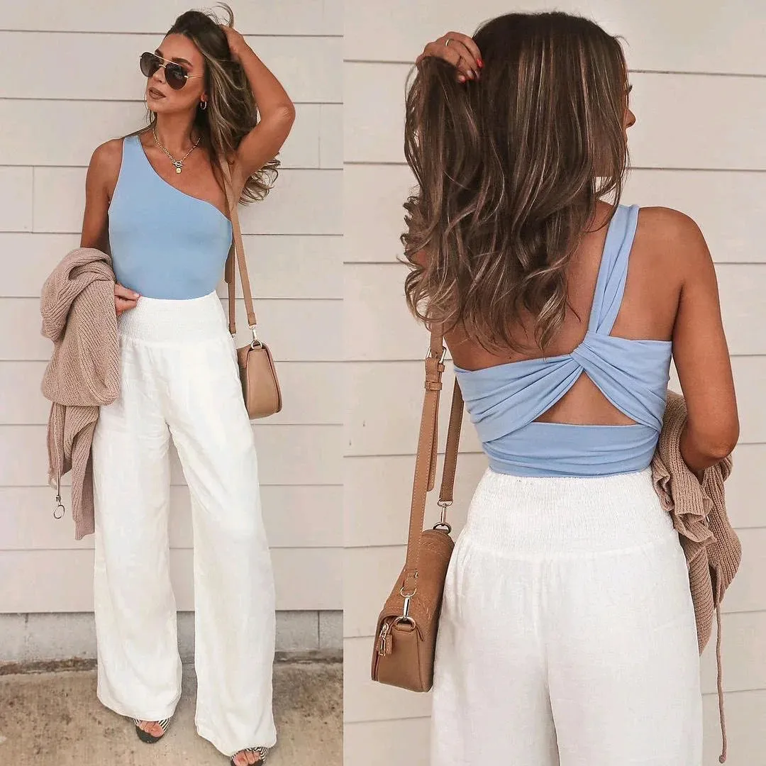 Women's Casual High Waist Pants with Elastic Waist and Wide Leg Style - Comfortable Summer Fit