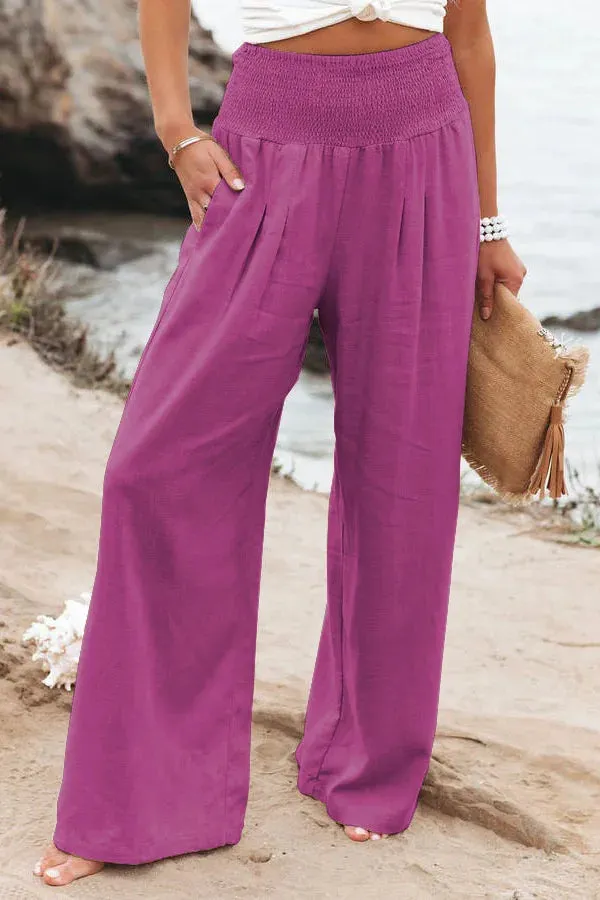 Women's Casual High Waist Pants with Elastic Waist and Wide Leg Style - Comfortable Summer Fit