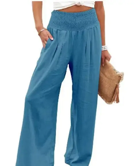 Women's Casual High Waist Pants with Elastic Waist and Wide Leg Style - Comfortable Summer Fit