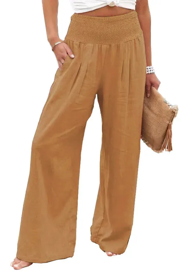 Women's Casual High Waist Pants with Elastic Waist and Wide Leg Style - Comfortable Summer Fit