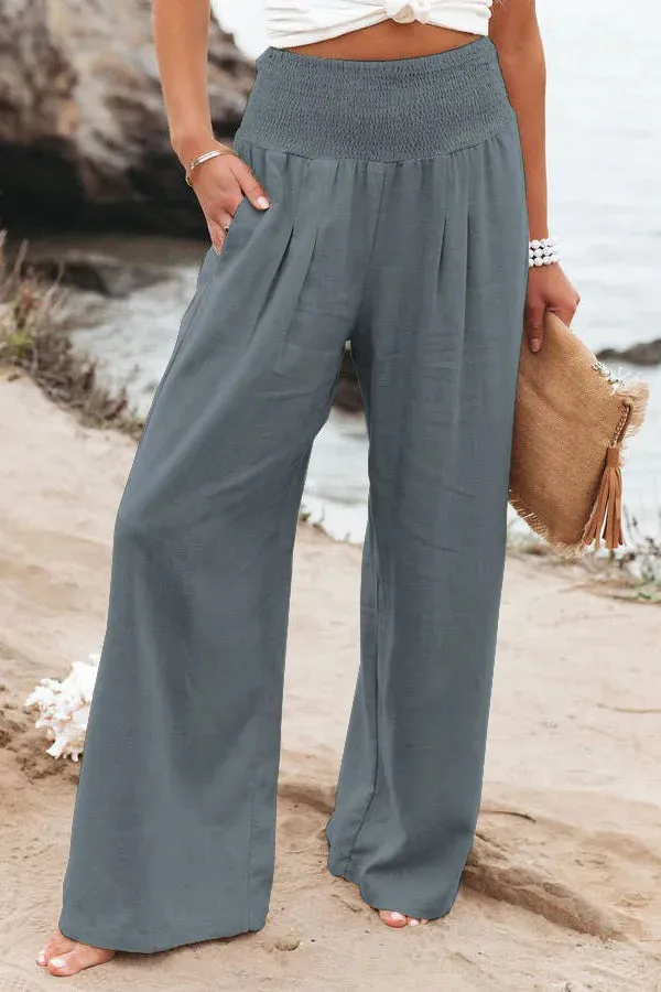 Women's Casual High Waist Pants with Elastic Waist and Wide Leg Style - Comfortable Summer Fit