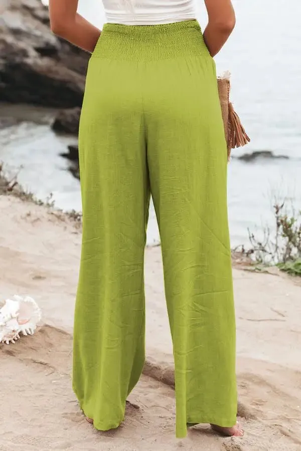 Women's Casual High Waist Pants with Elastic Waist and Wide Leg Style - Comfortable Summer Fit