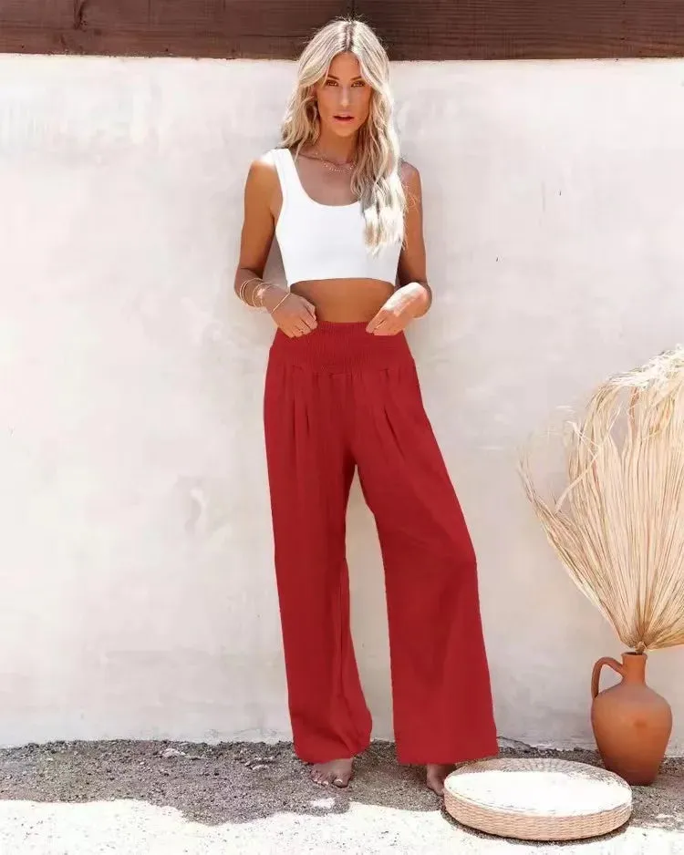 Women's Casual High Waist Pants with Elastic Waist and Wide Leg Style - Comfortable Summer Fit