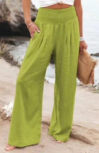 Women's Casual High Waist Pants with Elastic Waist and Wide Leg Style - Comfortable Summer Fit