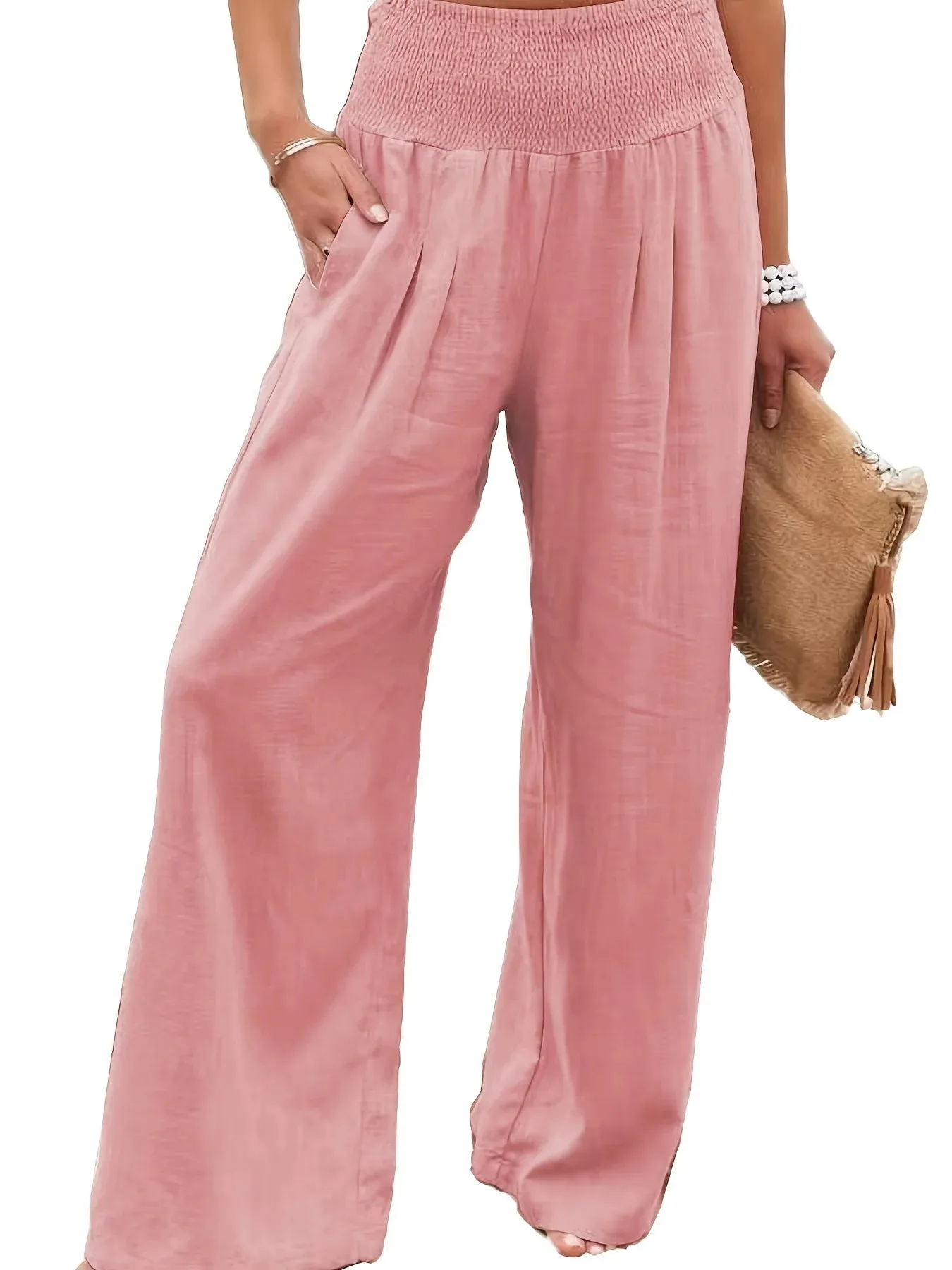 Women's Casual High Waist Pants with Elastic Waist and Wide Leg Style - Comfortable Summer Fit
