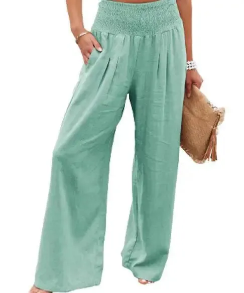 Women's Casual High Waist Pants with Elastic Waist and Wide Leg Style - Comfortable Summer Fit