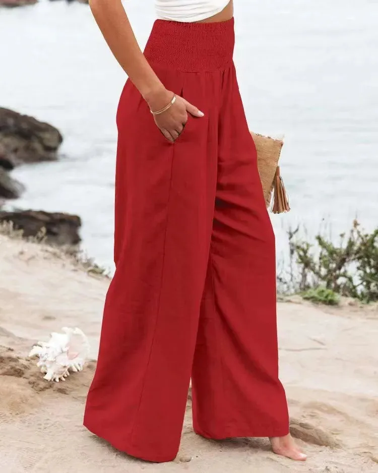 Women's Casual High Waist Pants with Elastic Waist and Wide Leg Style - Comfortable Summer Fit