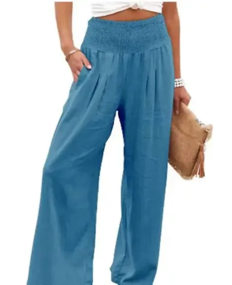 Women's Casual High Waist Pants with Elastic Waist and Wide Leg Style - Comfortable Summer Fit