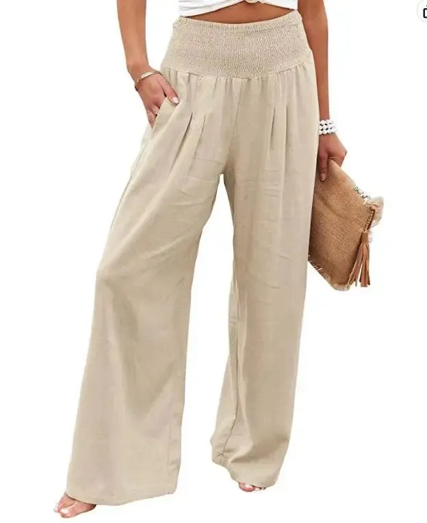 Women's Casual High Waist Pants with Elastic Waist and Wide Leg Style - Comfortable Summer Fit