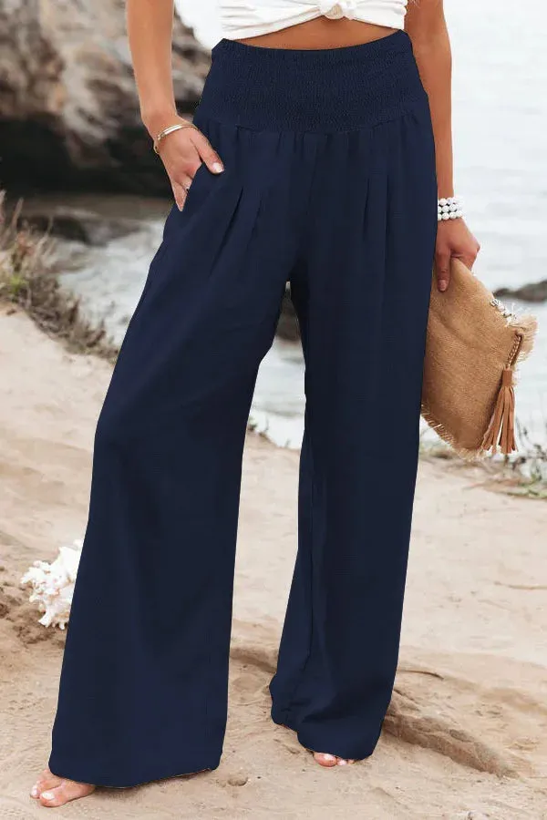 Women's Casual High Waist Pants with Elastic Waist and Wide Leg Style - Comfortable Summer Fit