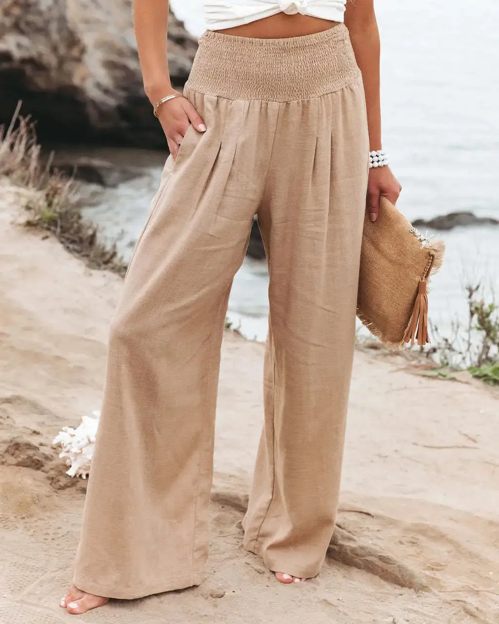 Women's Casual High Waist Pants with Elastic Waist and Wide Leg Style - Comfortable Summer Fit