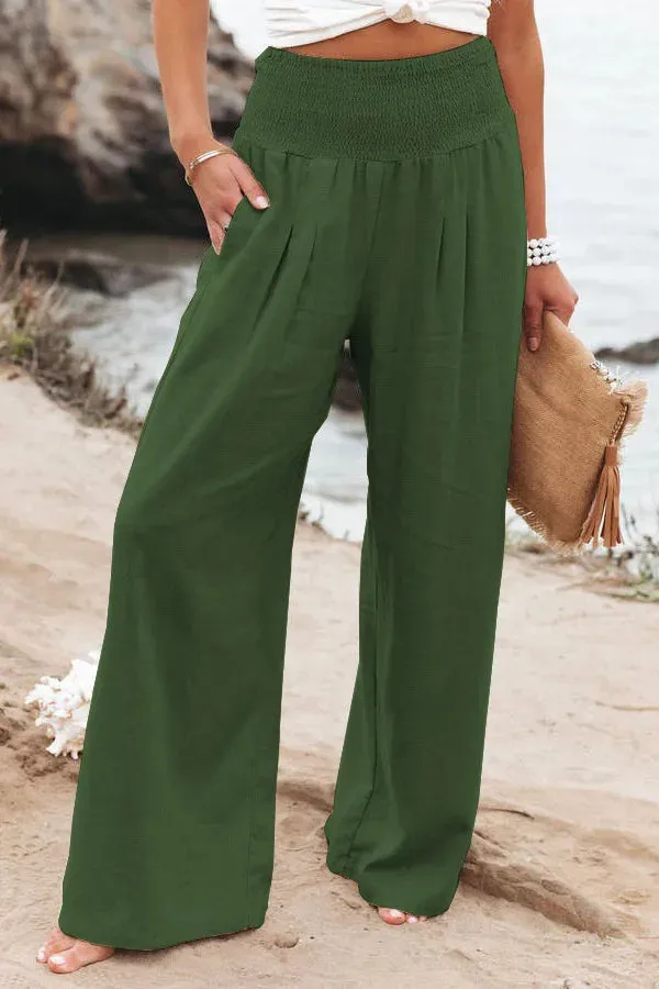 Women's Casual High Waist Pants with Elastic Waist and Wide Leg Style - Comfortable Summer Fit