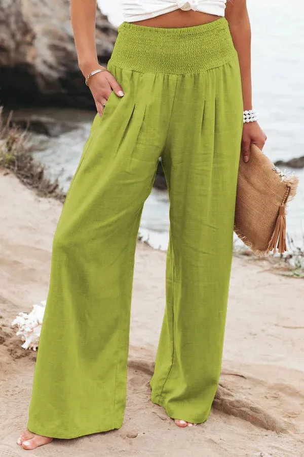 Women's Casual High Waist Pants with Elastic Waist and Wide Leg Style - Comfortable Summer Fit