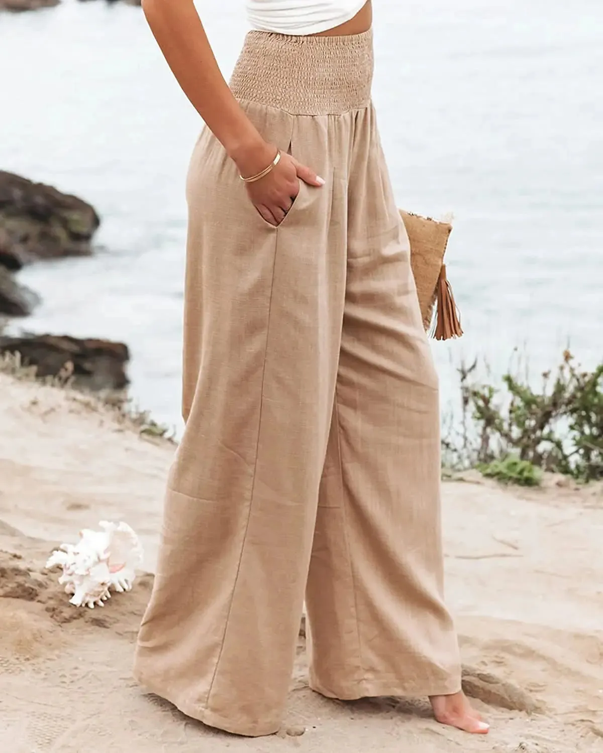 Women's Casual High Waist Pants with Elastic Waist and Wide Leg Style - Comfortable Summer Fit