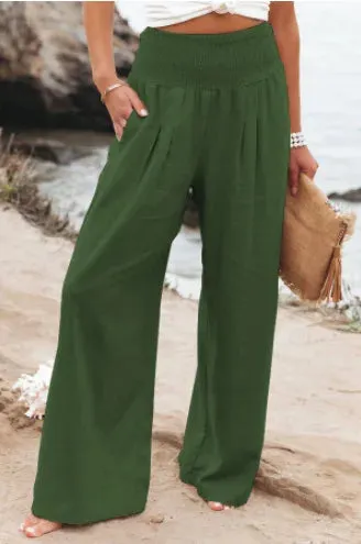 Women's Casual High Waist Pants with Elastic Waist and Wide Leg Style - Comfortable Summer Fit