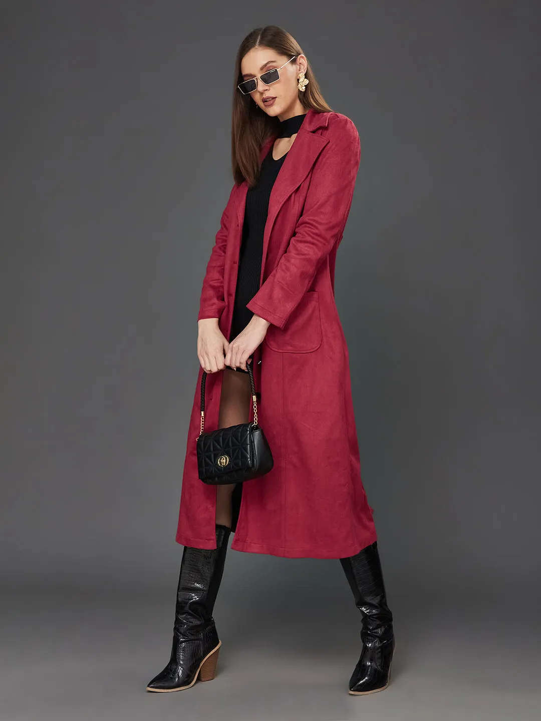 Women's Dark Red Solid V-Neck Full Sleeves Patched Pocketed Polyester Button Down Longline Winter Wear Blazer Jacket