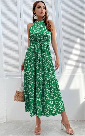 Women's FS Collection Halter Neck Maxi Layer Dress in Green & Flora with Leaf Dot Print