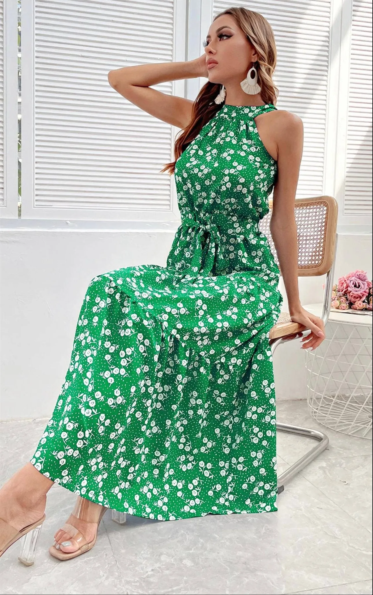 Women's FS Collection Halter Neck Maxi Layer Dress in Green & Flora with Leaf Dot Print