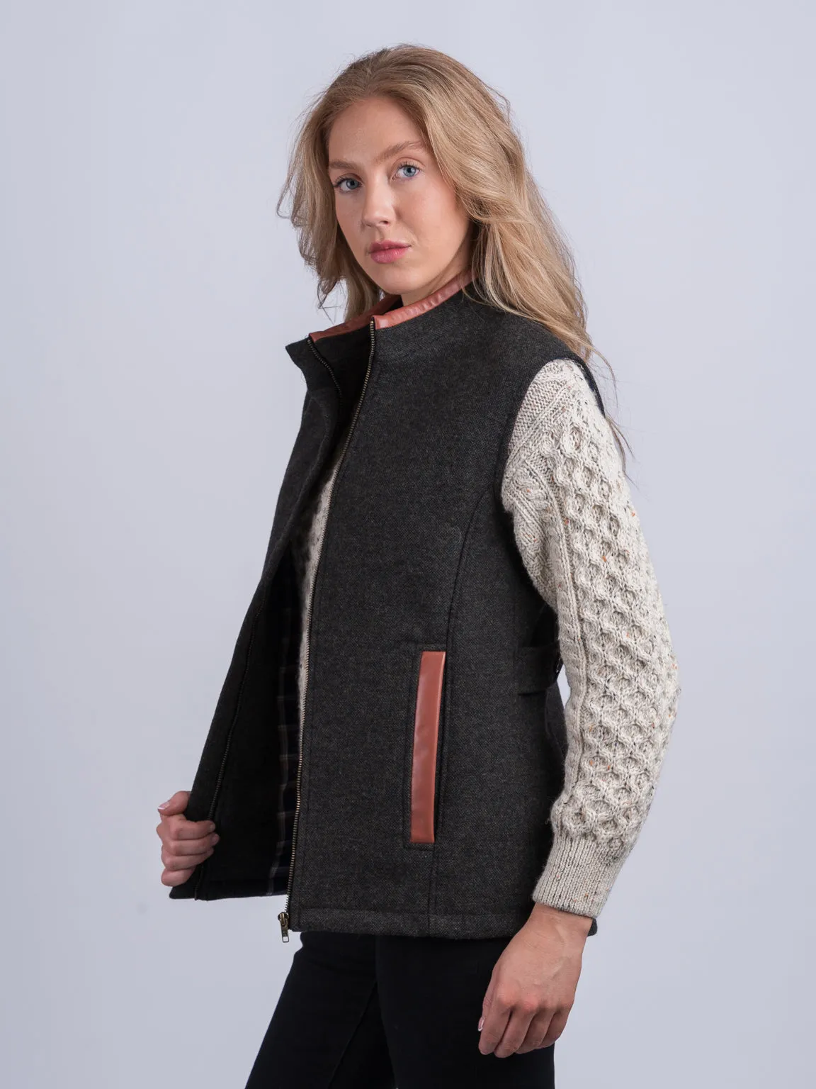 Women's Light Green Gilet with Leather Trim