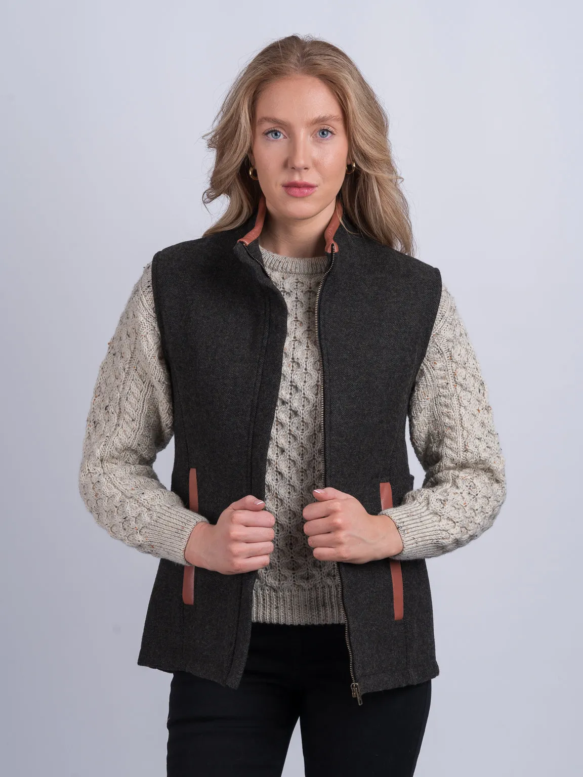 Women's Light Green Gilet with Leather Trim