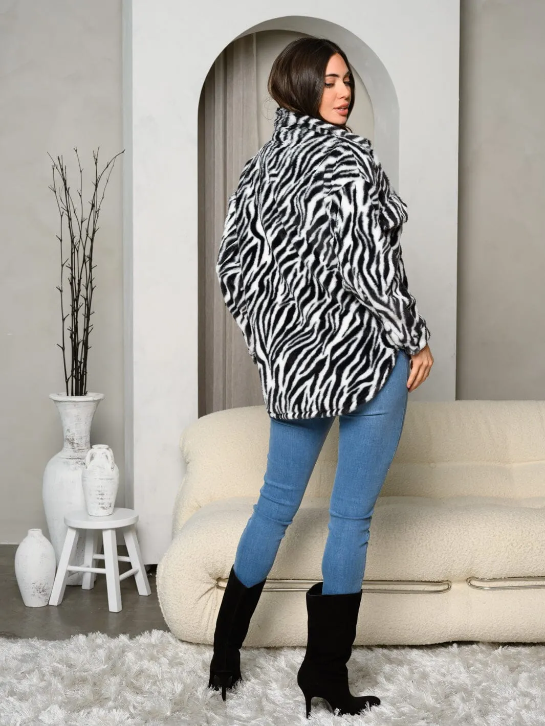 WOMEN'S LONG SLEEVE HIGH-LOW ZEBRA PRINT BUTTON CLOSURE JACKET