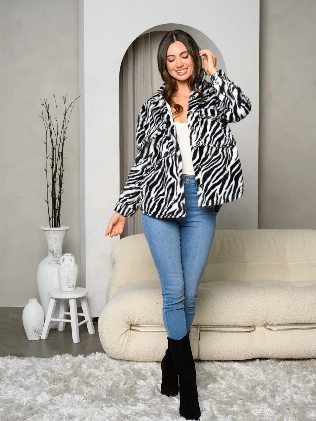 WOMEN'S LONG SLEEVE HIGH-LOW ZEBRA PRINT BUTTON CLOSURE JACKET