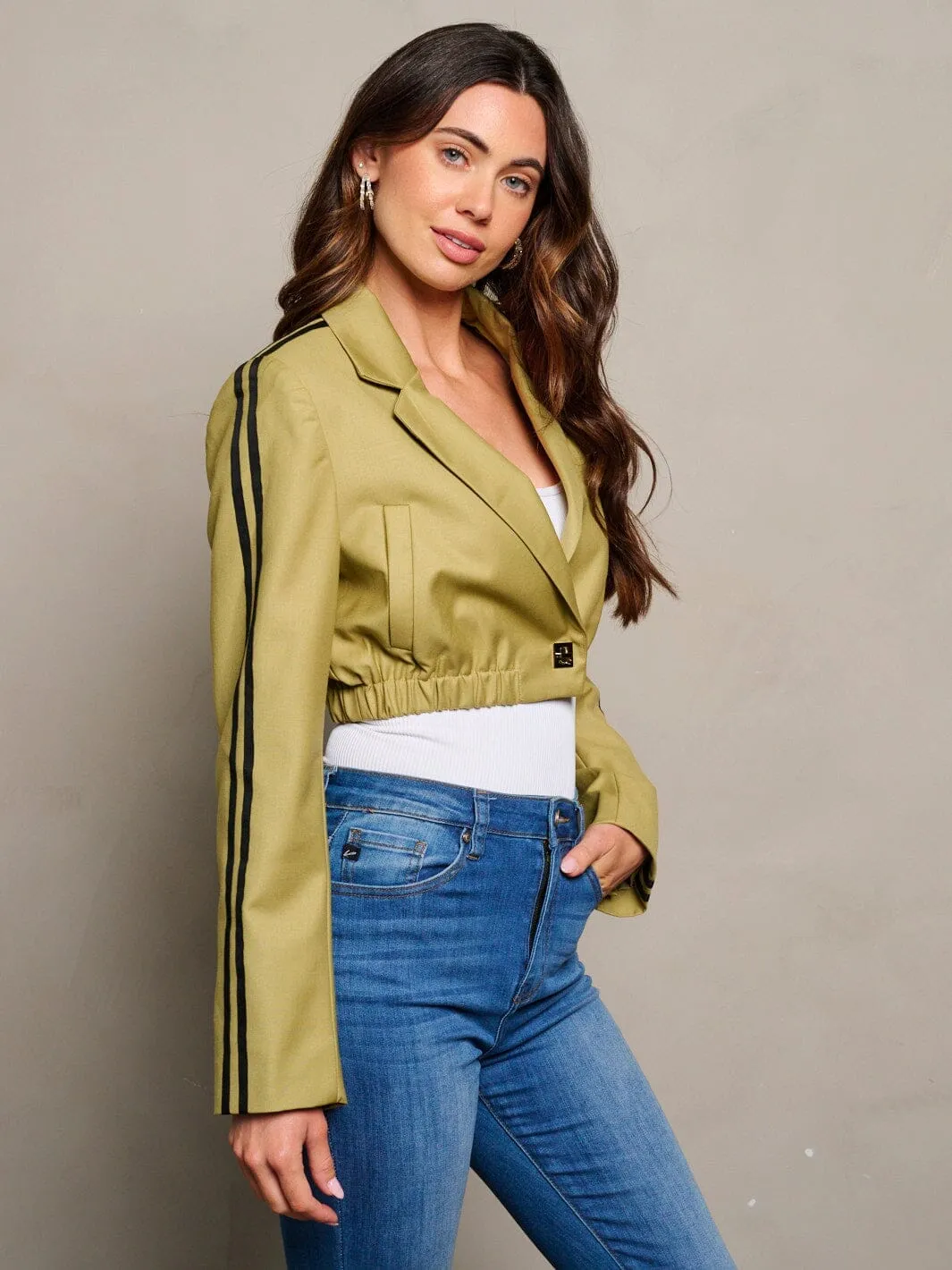 WOMEN'S LONG SLEEVES BUTTON CLOSURE STRIPES CROP JACKET