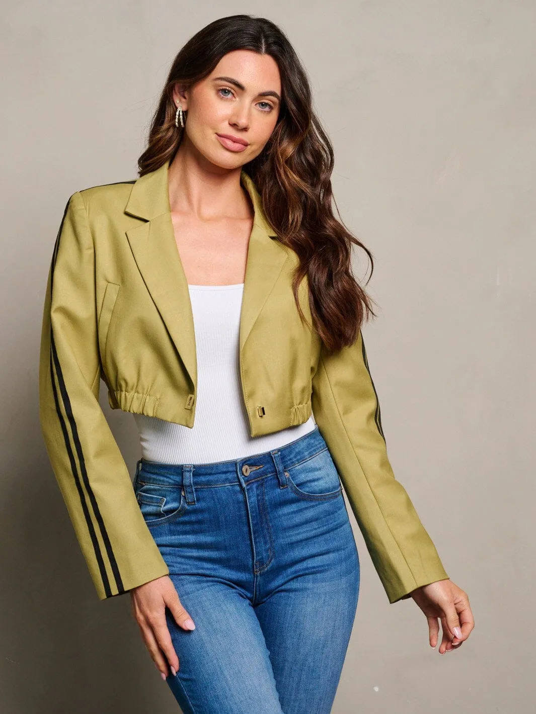 WOMEN'S LONG SLEEVES BUTTON CLOSURE STRIPES CROP JACKET
