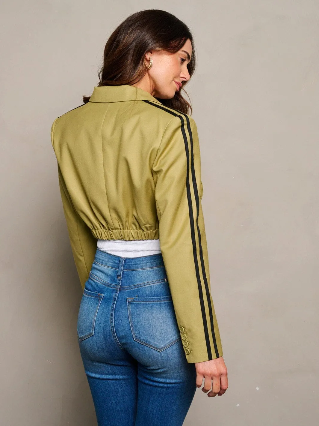 WOMEN'S LONG SLEEVES BUTTON CLOSURE STRIPES CROP JACKET