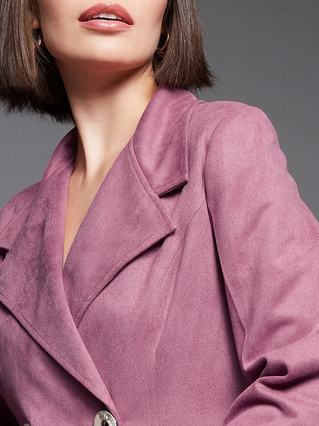 Women's Mauve Solid V-Neck Full Sleeves Side Pocketed Polyester Double Breasted Longline Blazer Jacket