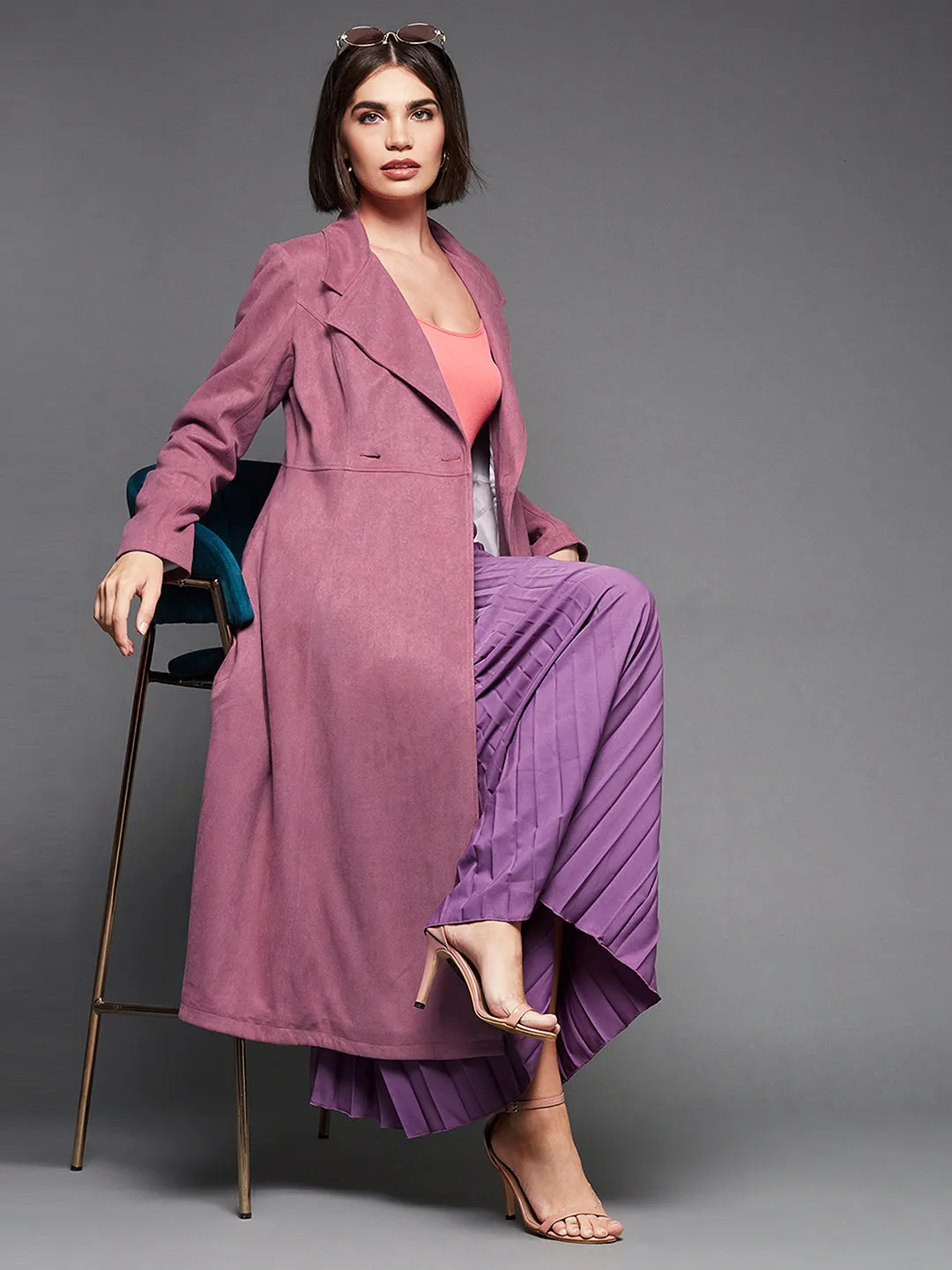 Women's Mauve Solid V-Neck Full Sleeves Side Pocketed Polyester Double Breasted Longline Blazer Jacket