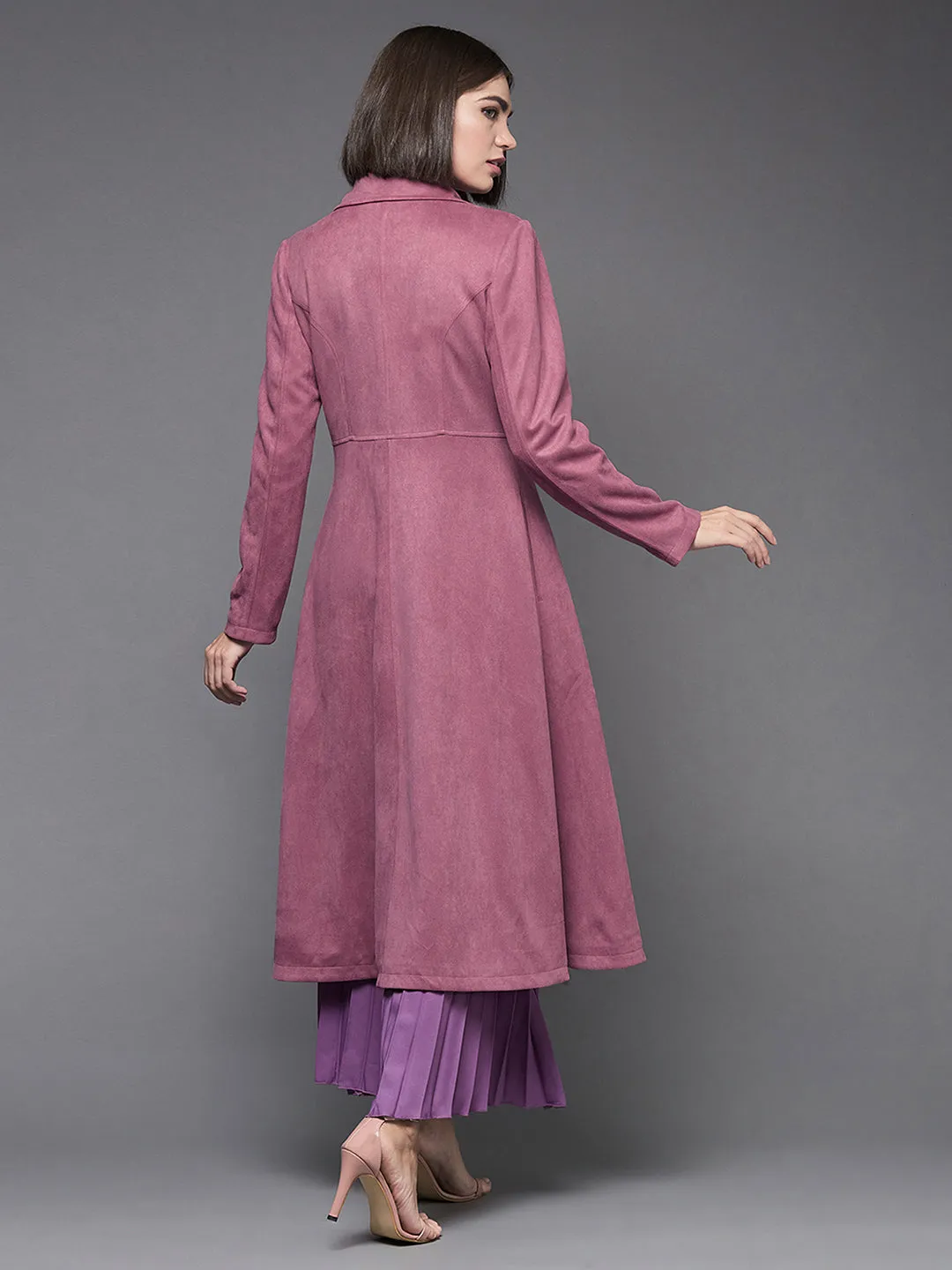Women's Mauve Solid V-Neck Full Sleeves Side Pocketed Polyester Double Breasted Longline Blazer Jacket