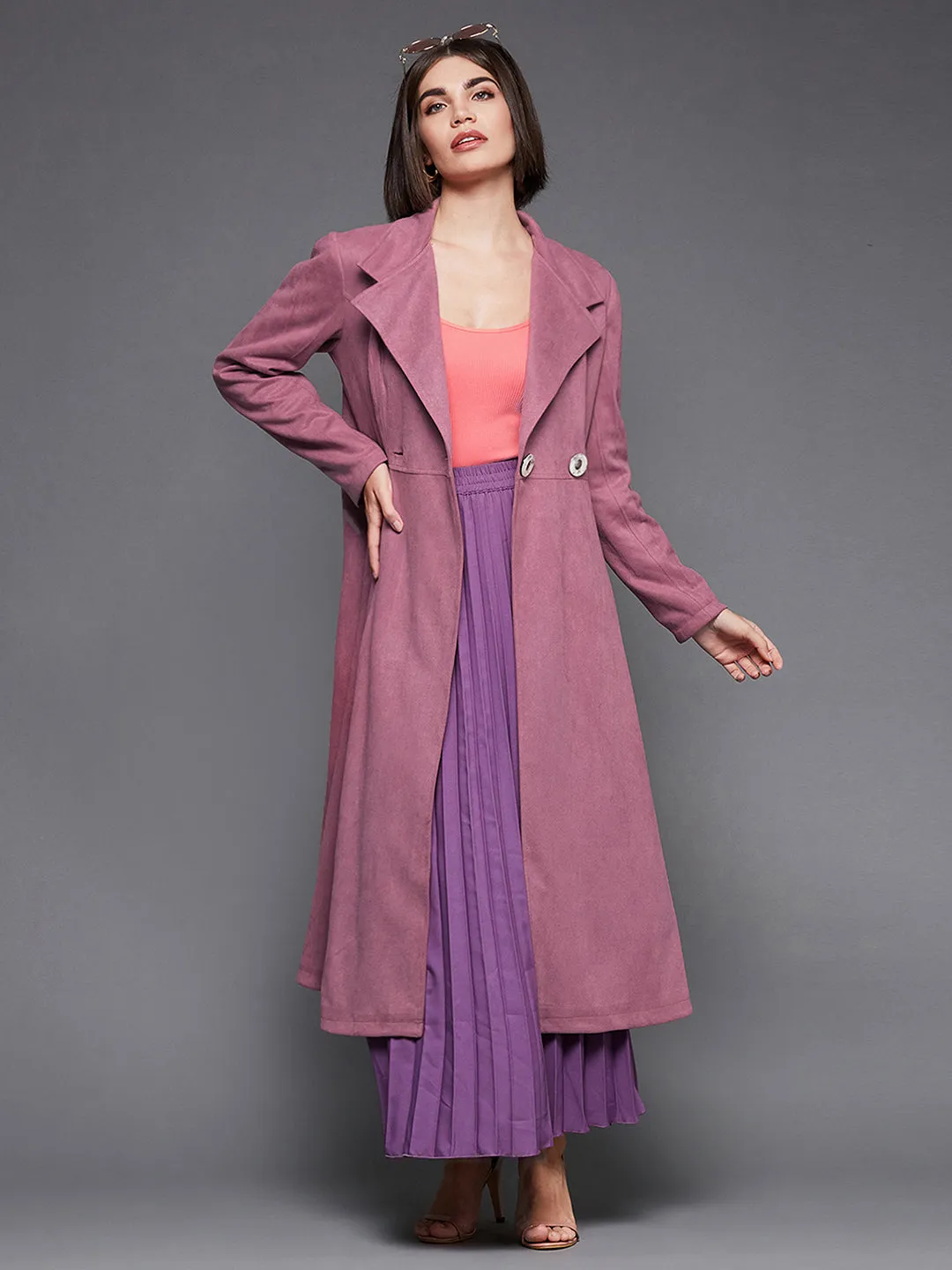 Women's Mauve Solid V-Neck Full Sleeves Side Pocketed Polyester Double Breasted Longline Blazer Jacket