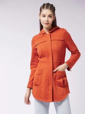 Women's Rust Hooded Full Sleeve Solid Longline Jacket