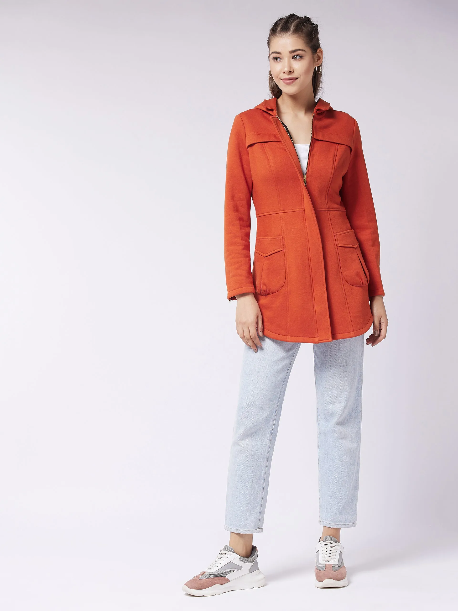 Women's Rust Hooded Full Sleeve Solid Longline Jacket