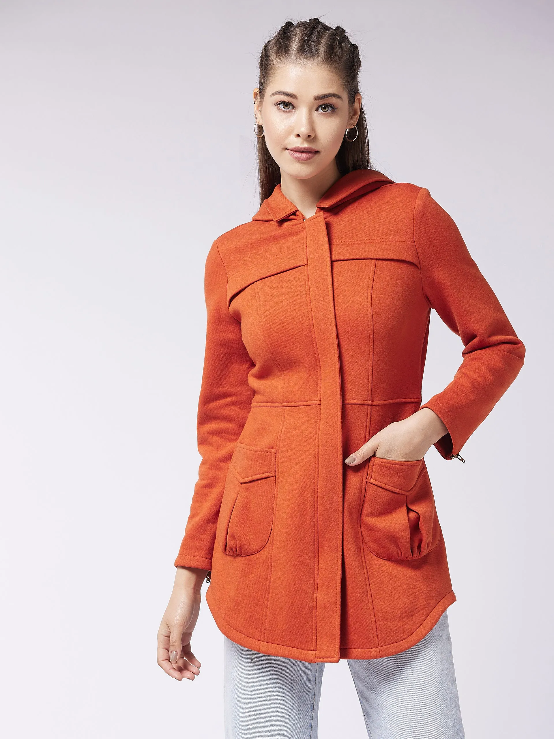 Women's Rust Hooded Full Sleeve Solid Longline Jacket