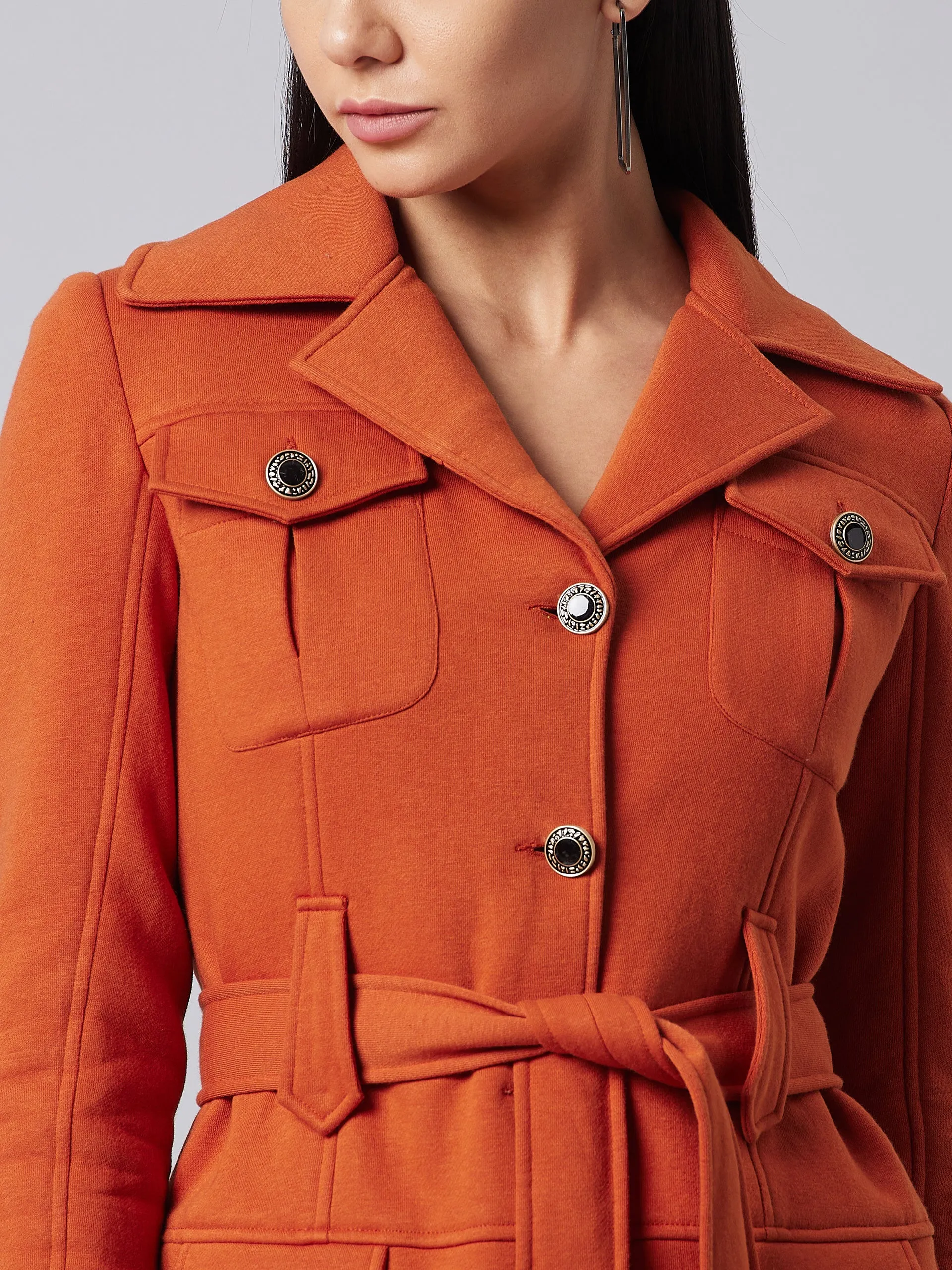 Women's Rust Notch Collar Full Sleeve Solid Safari Longline Jacket