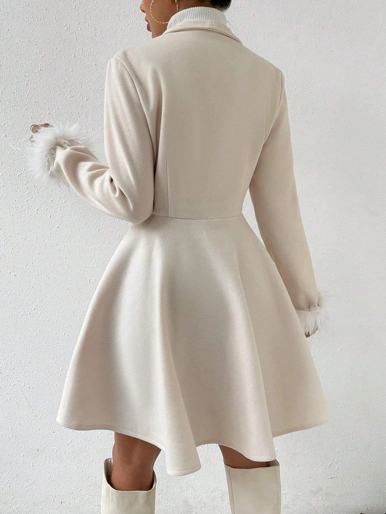 Wool Coat with Fringed Cuff and Single Button Closure