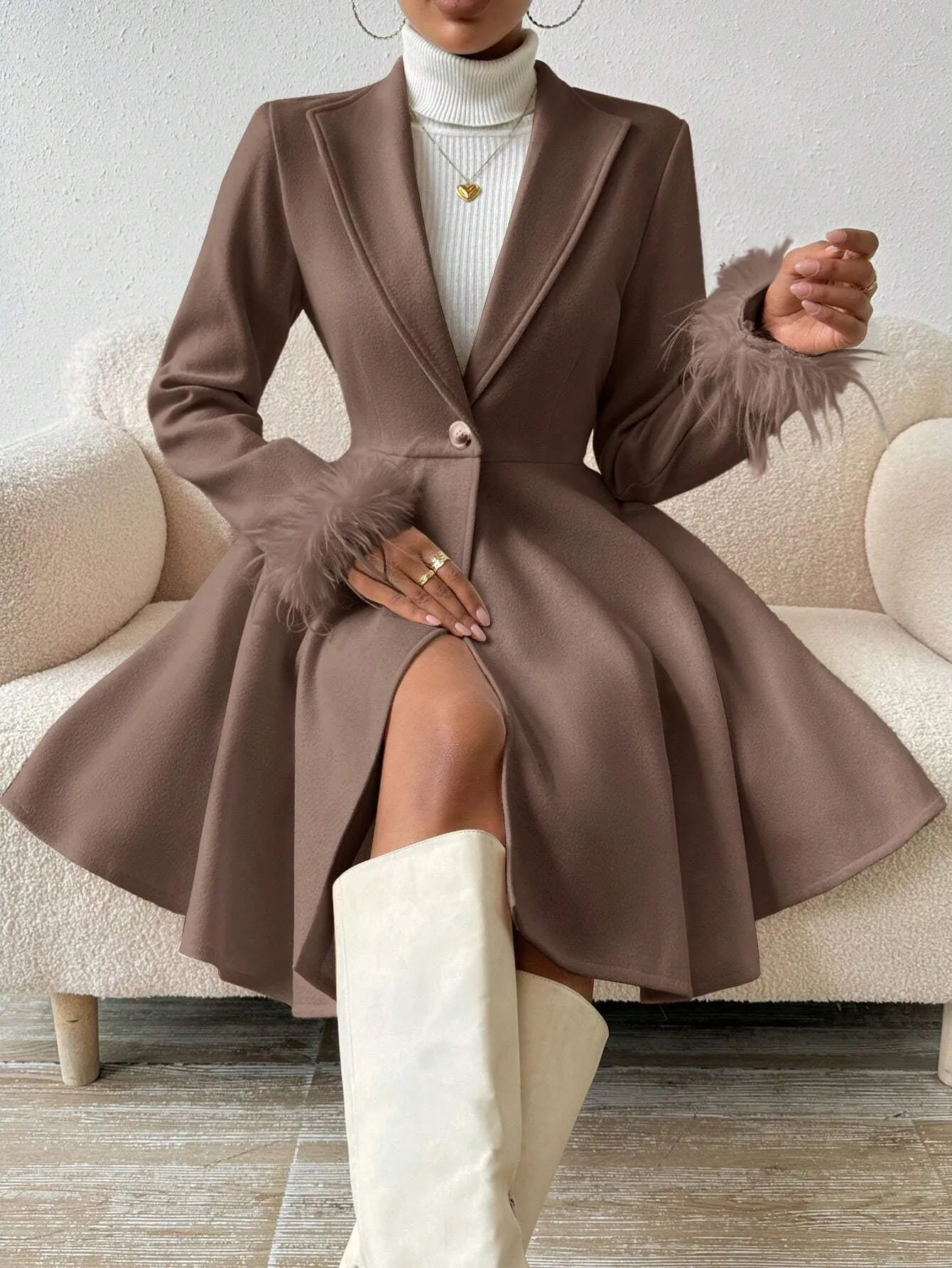 Wool Coat with Fringed Cuff and Single Button Closure