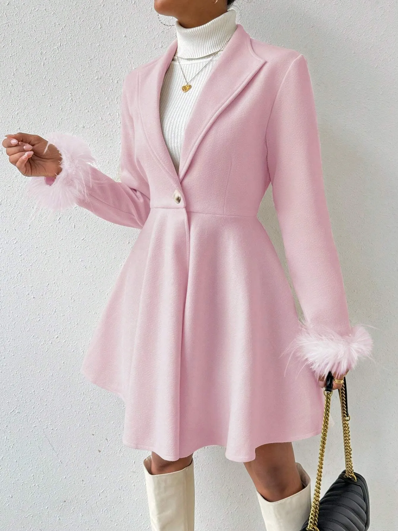 Wool Coat with Fringed Cuff and Single Button Closure