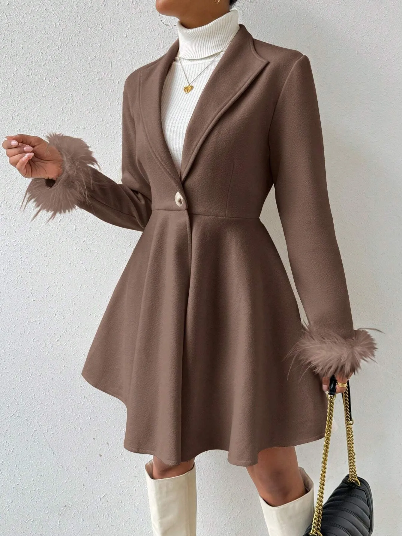 Wool Coat with Fringed Cuff and Single Button Closure