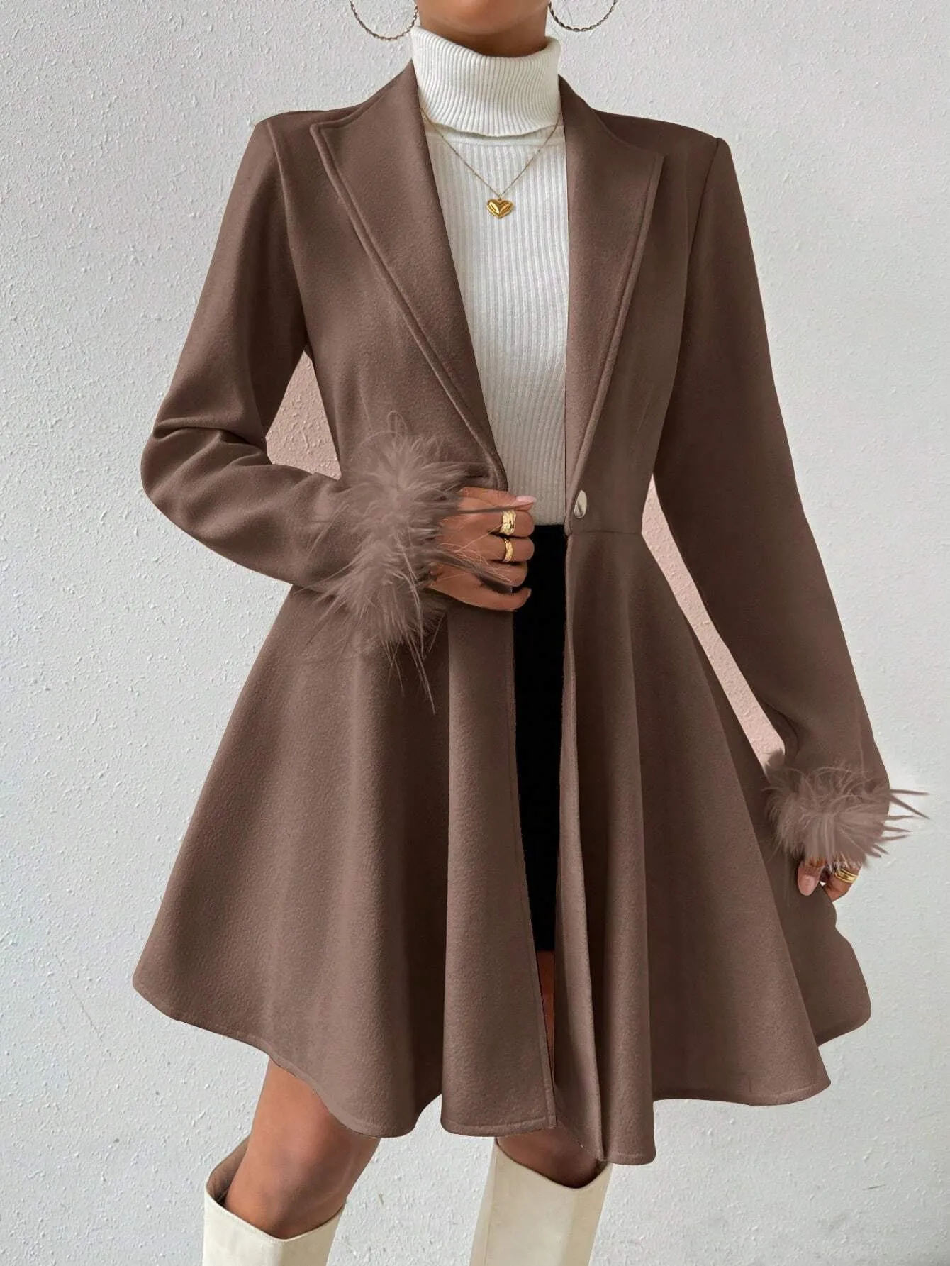 Wool Coat with Fringed Cuff and Single Button Closure