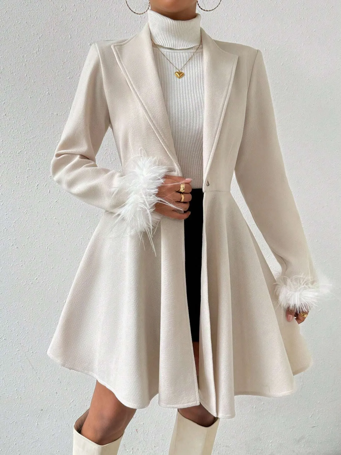 Wool Coat with Fringed Cuff and Single Button Closure