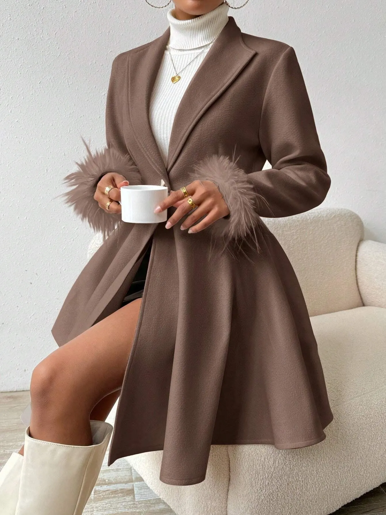 Wool Coat with Fringed Cuff and Single Button Closure