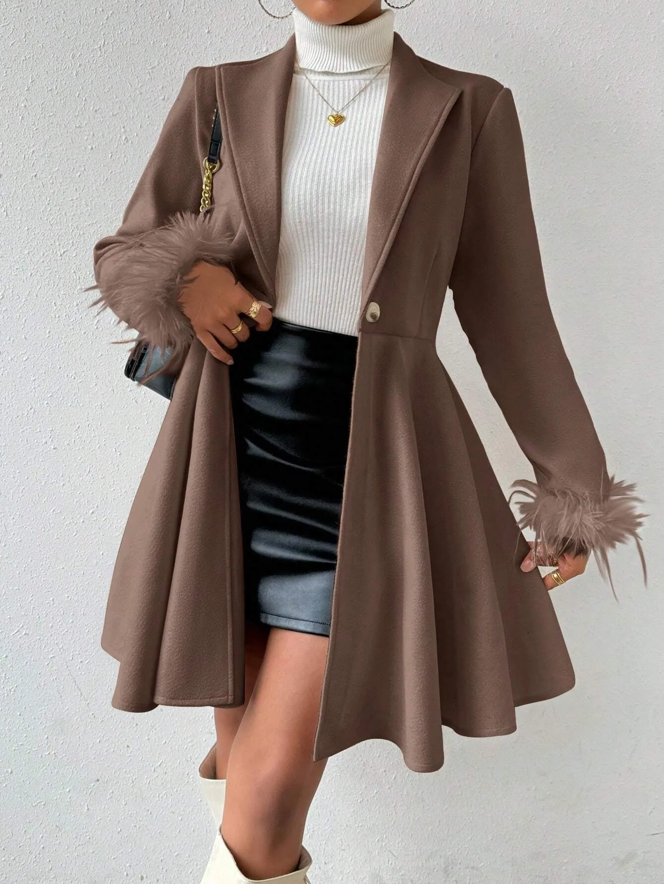 Wool Coat with Fringed Cuff and Single Button Closure