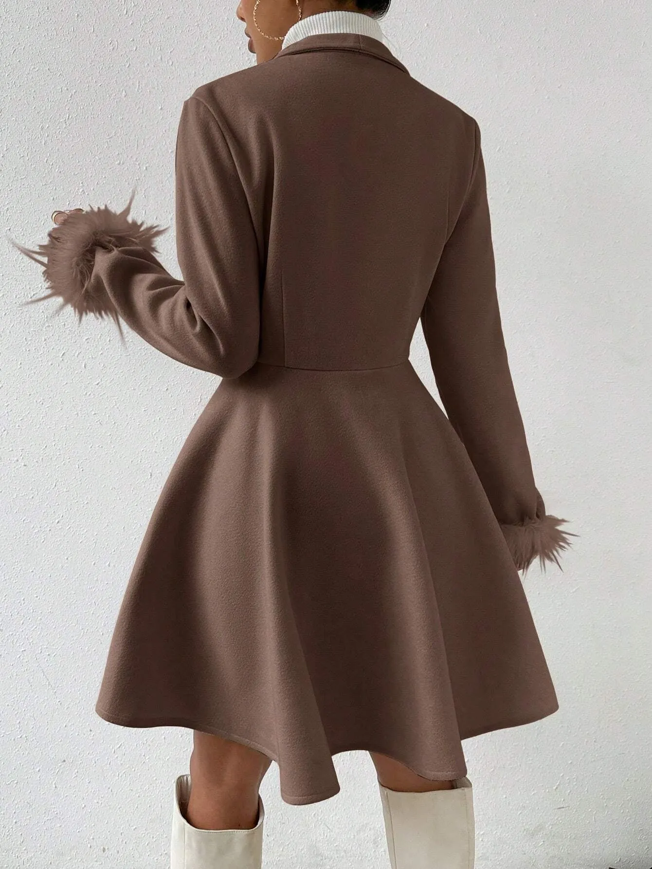 Wool Coat with Fringed Cuff and Single Button Closure