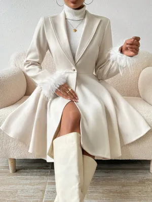 Wool Coat with Fringed Cuff and Single Button Closure