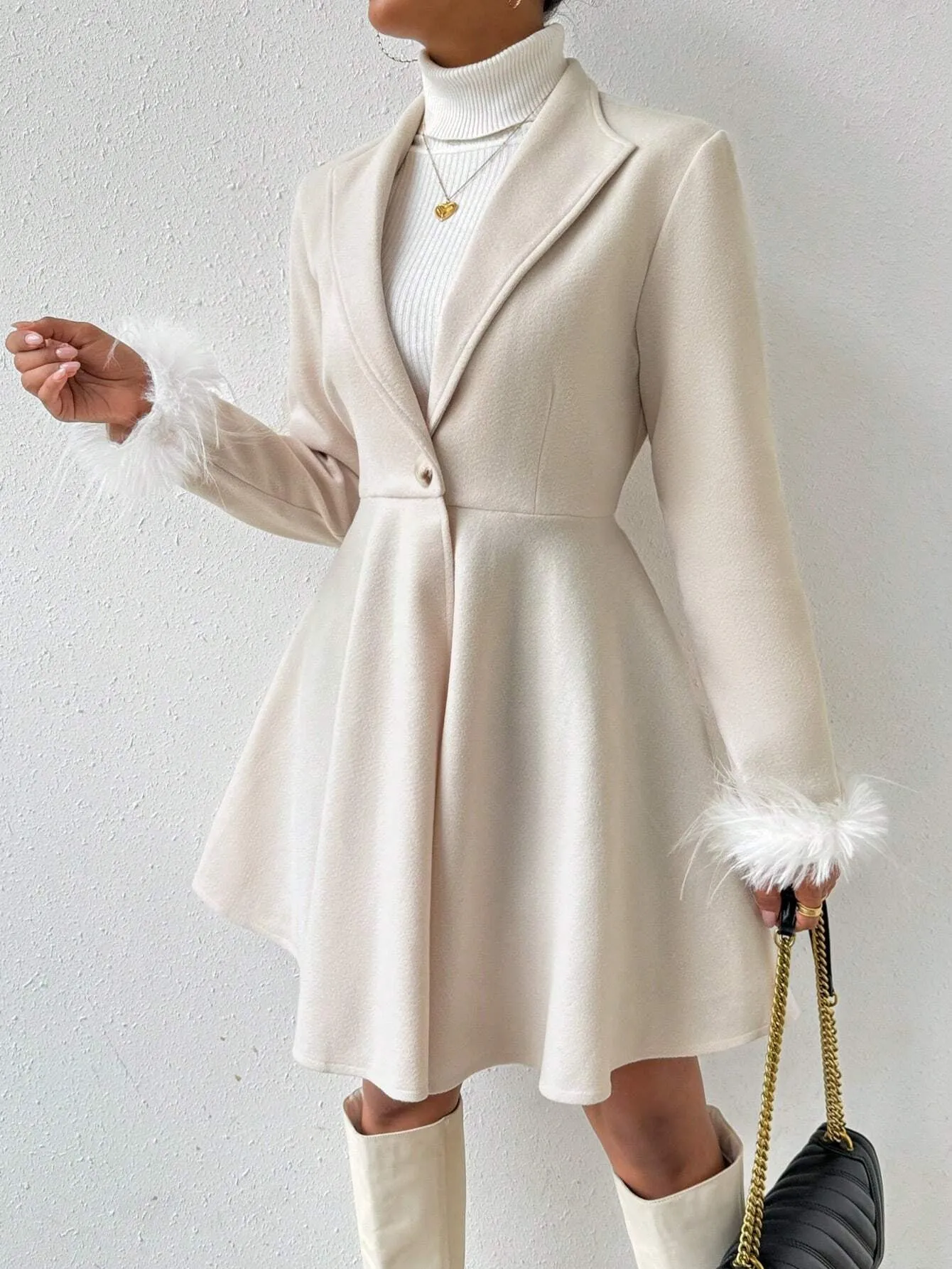 Wool Coat with Fringed Cuff and Single Button Closure