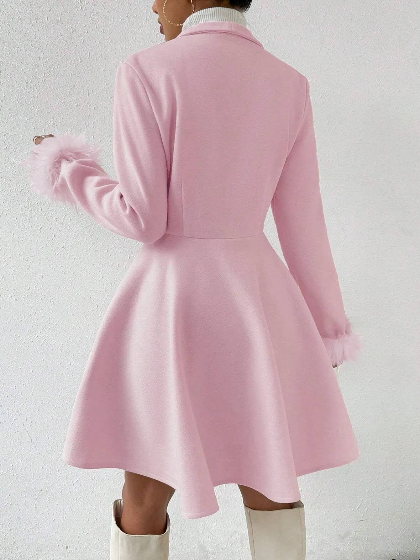 Wool Coat with Fringed Cuff and Single Button Closure