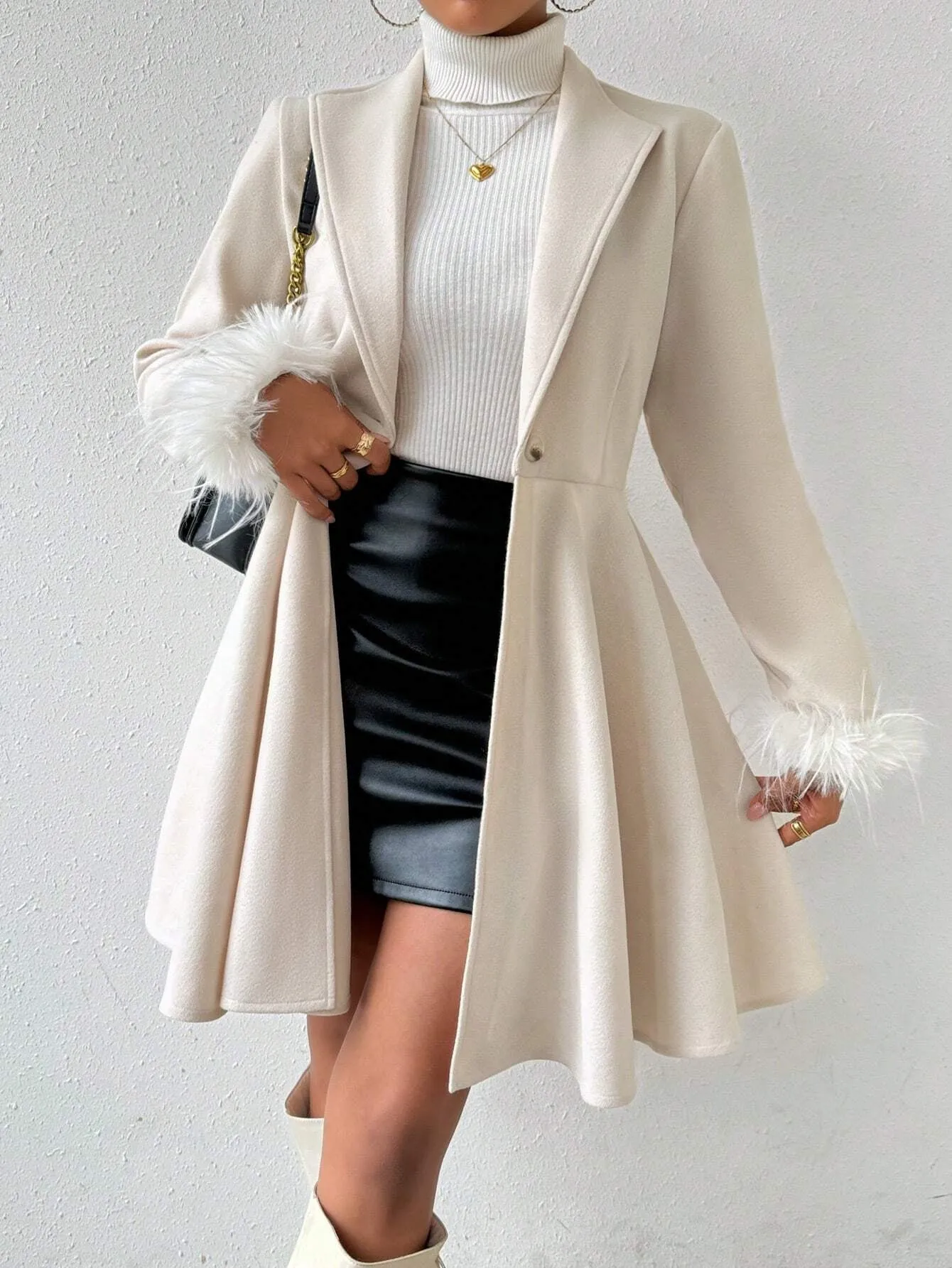 Wool Coat with Fringed Cuff and Single Button Closure